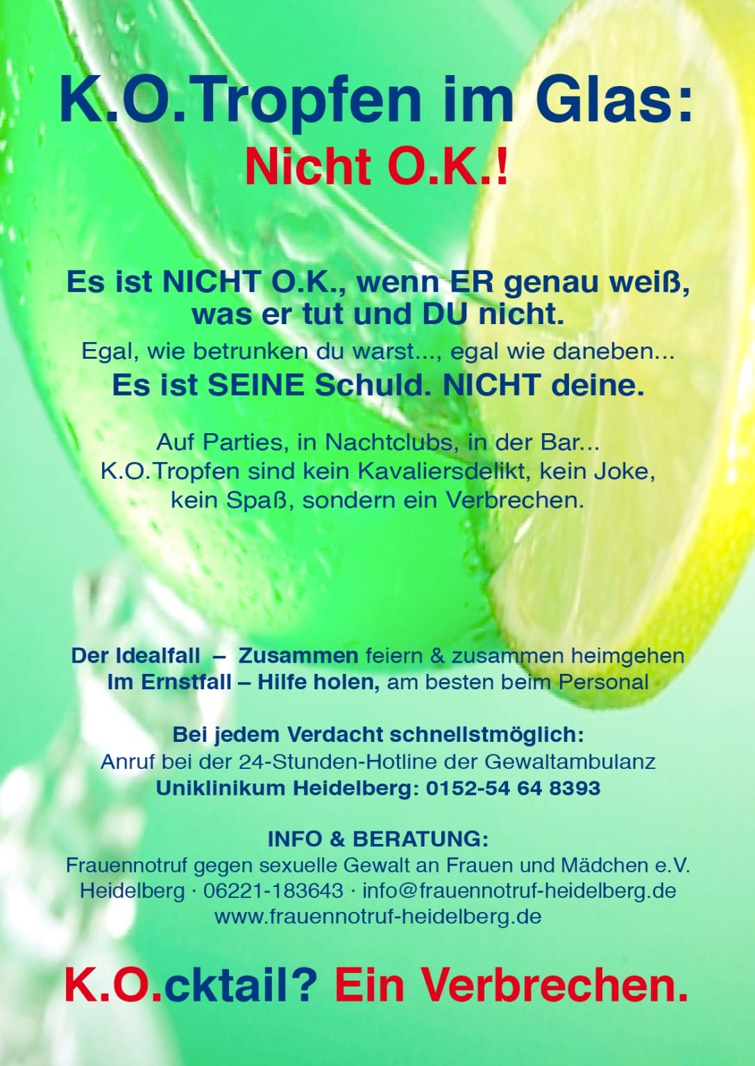 Schwerpunkt K.O.Tropfen - K.O. ist NICHT O.K. - Frauennotruf Heidelberg