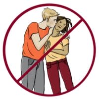 Sexuelle-Belaestigung-durchgestrichen-1 Mann küsst eine Frau, die das nicht möchte. Die Szene ist in einem roten Kreis dargestellt und durchgestrichen.