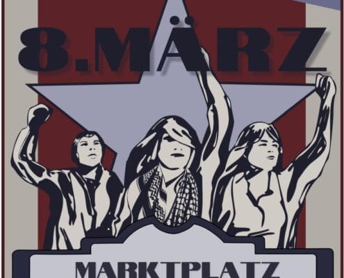 Frauen mit erhobener Faust. Darüber der Textzug: Frauen International Vereint. Textzug unten: Marktplatz Neuenheim 15 Uhr