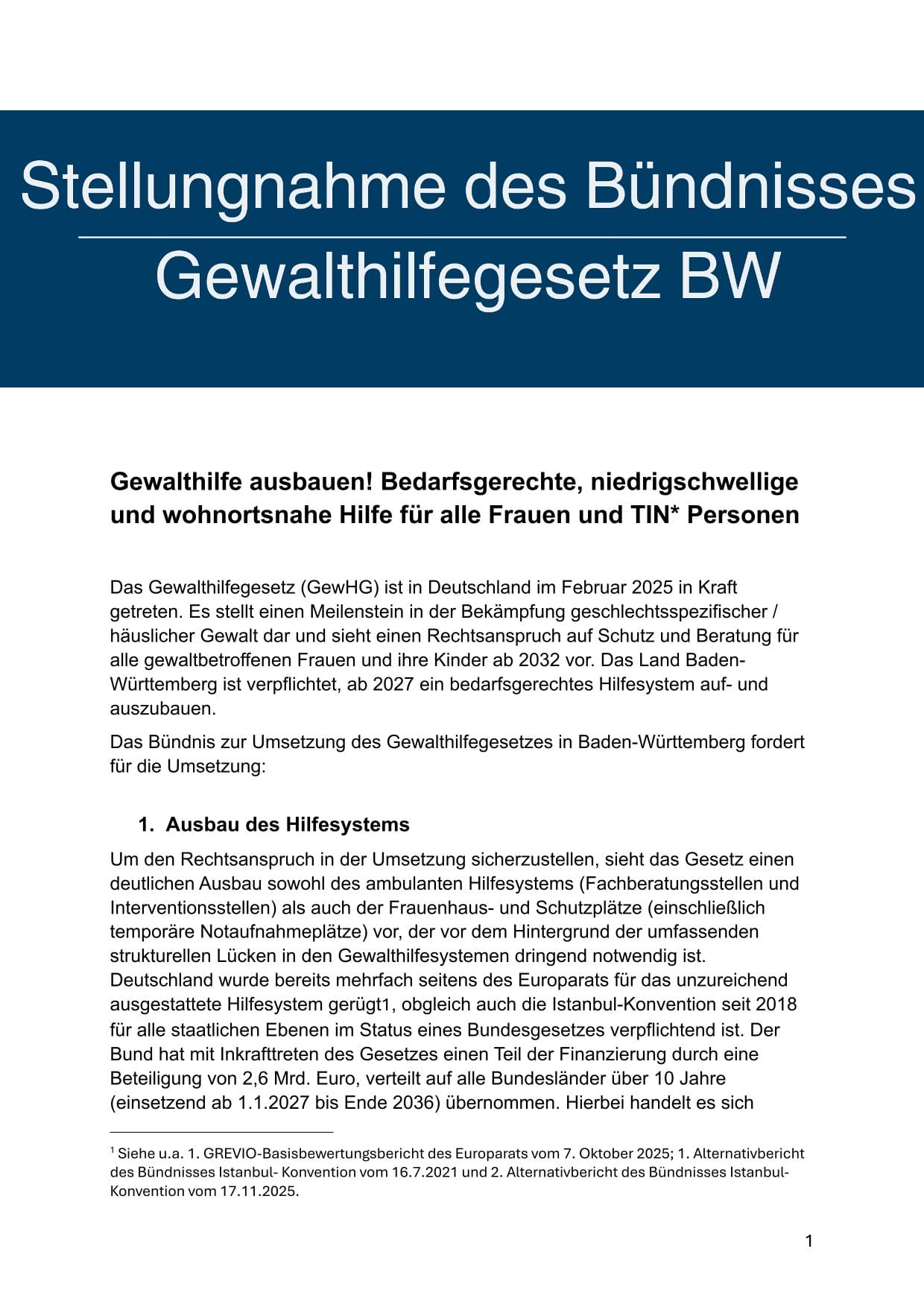 Erste Seite der Stellungnahme des Bündnisses Gewalthilfegesetz