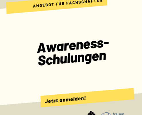 Veranstaltungsankündigung zu Awareness-Schulungen für Fachkräfte. Veranstaltung in Kooperation mit dem Studierendenreferat für Gendergerechtigkeit